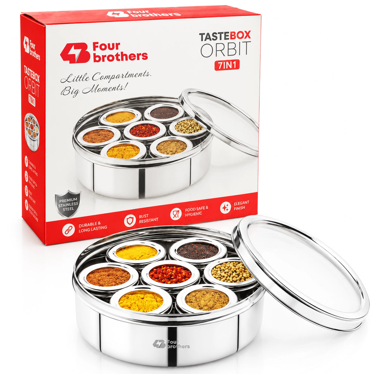 Orbit Stainless Steel Spice & Dry Fruit Box, 7 in 1 | Four Brothers