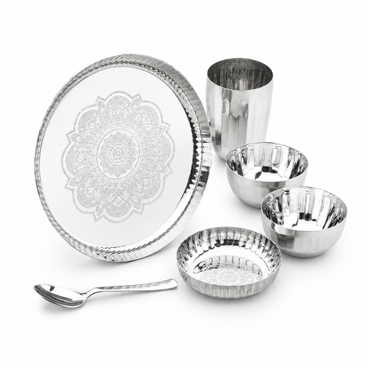 Classic Stainless Steel Thali Set – Laser Print Finish | Four Brothers