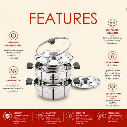 Trio Multi Kadai, Idly Pot and Steamer 3 in 1 - Stainless Steel with Glass Lid