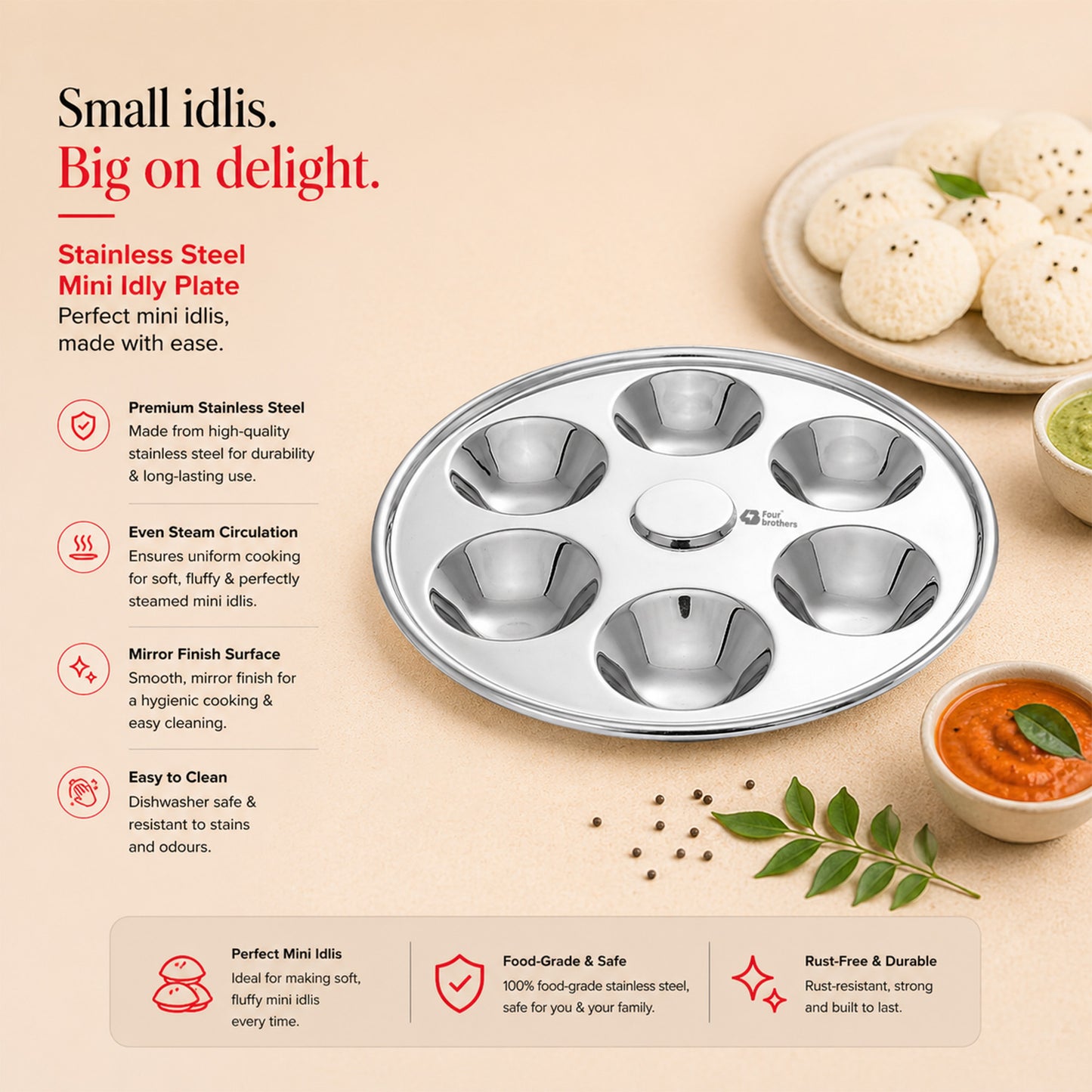 Stainless Steel Mini Idly Plate – 6 Idly Capacity