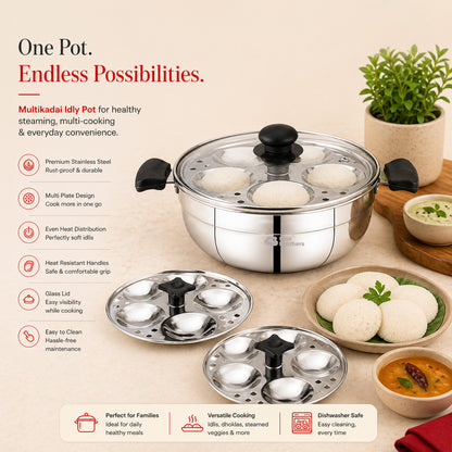 Smart Multi Kadai | Idly Pot with Glass Lid - Stainless Steel