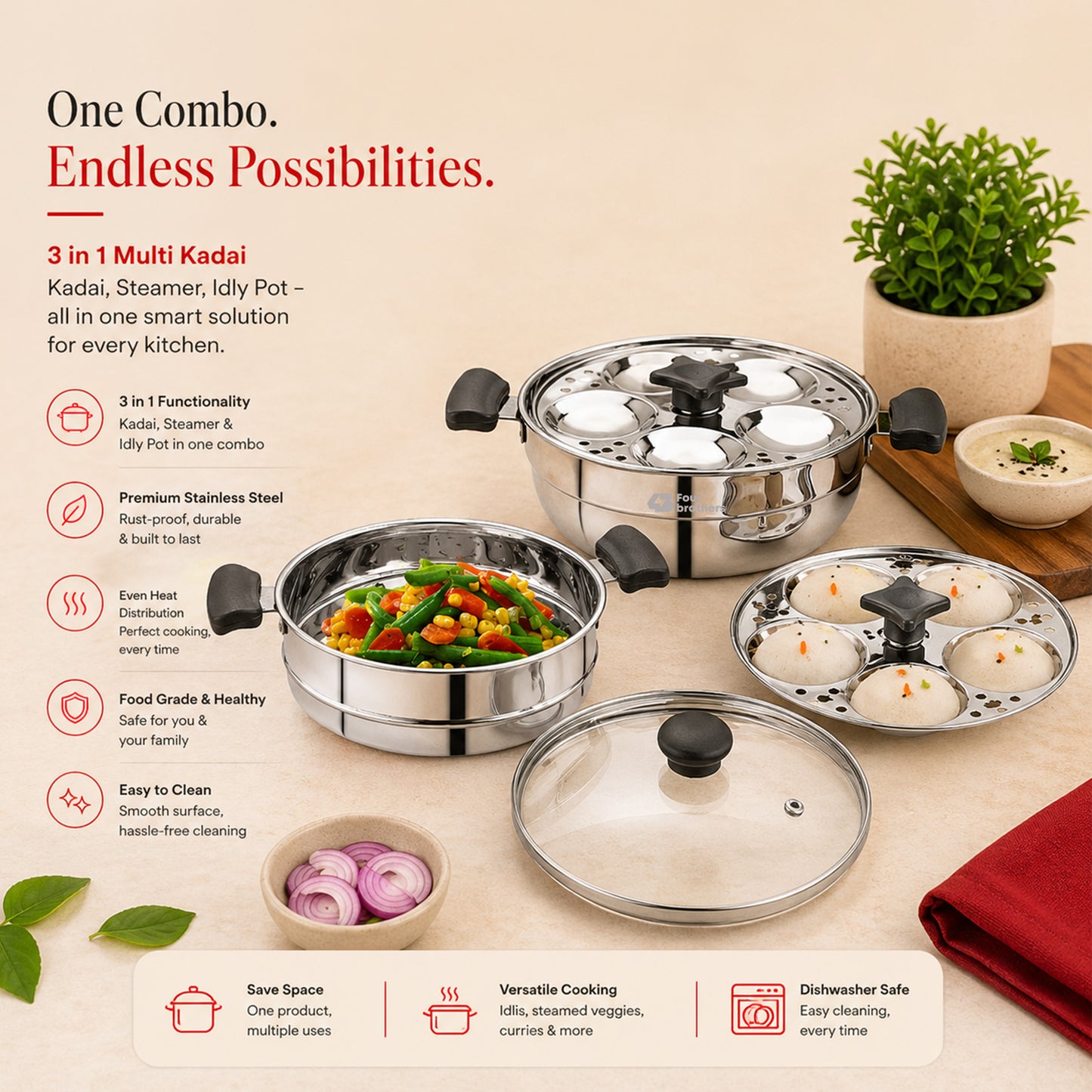 Trio Multi Kadai, Idly Pot and Steamer 3 in 1 - Stainless Steel with Glass Lid