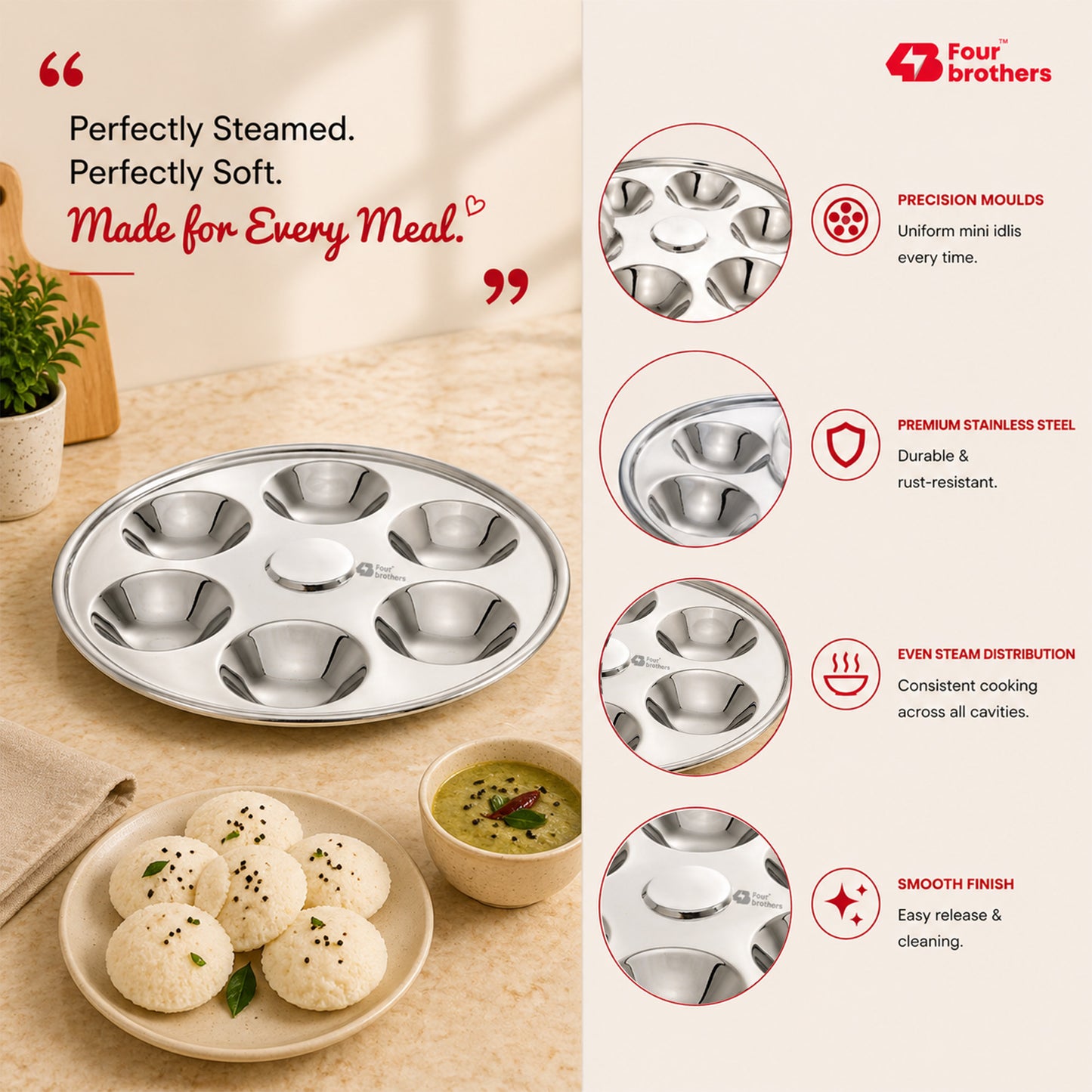 Stainless Steel Mini Idly Plate – 6 Idly Capacity