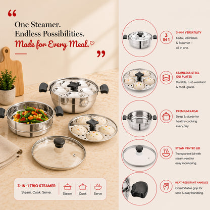 Trio Multi Kadai, Idly Pot and Steamer 3 in 1 - Stainless Steel with Glass Lid