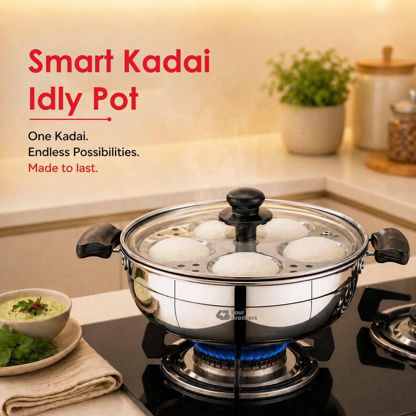Smart Multi Kadai | Idly Pot with Glass Lid - Stainless Steel