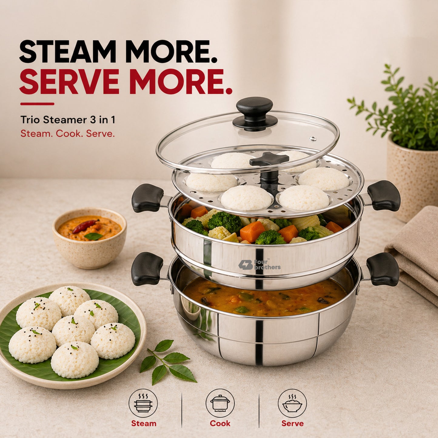 Trio Multi Kadai, Idly Pot and Steamer 3 in 1 - Stainless Steel with Glass Lid