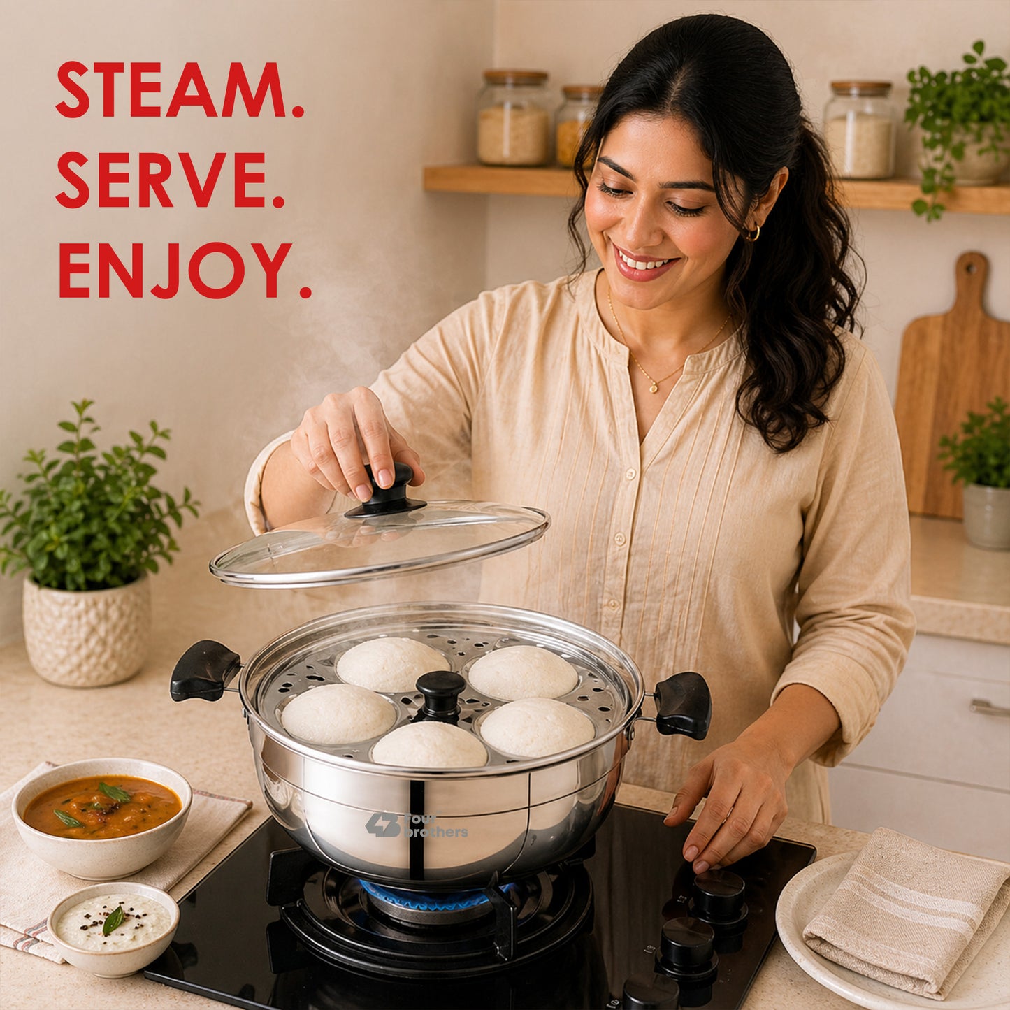 Smart Multi Kadai | Idly Pot with Glass Lid - Stainless Steel