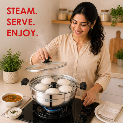Smart Multi Kadai | Idly Pot with Glass Lid - Stainless Steel