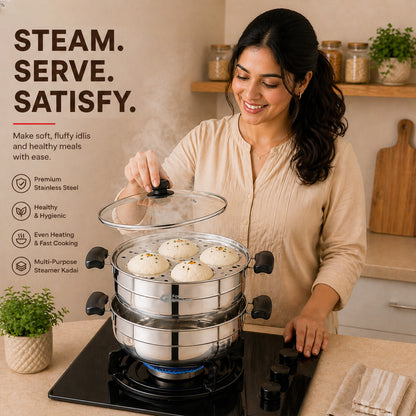 Trio Multi Kadai, Idly Pot and Steamer 3 in 1 - Stainless Steel with Glass Lid