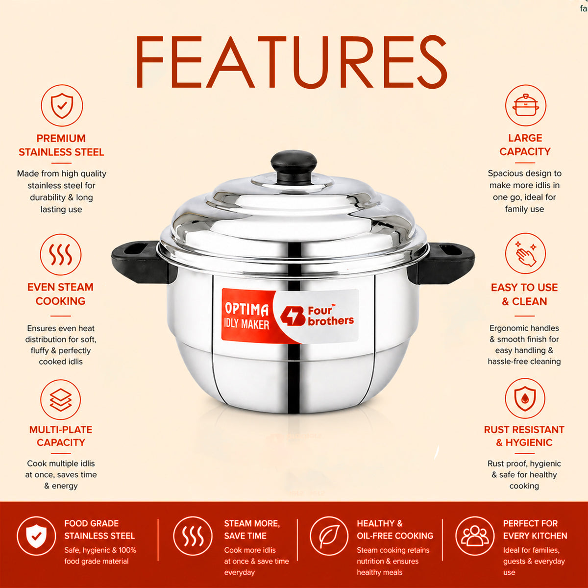 Four Brothers Optima Stainless Steel Idly Maker/Cooker | Induction & Gas Compatible