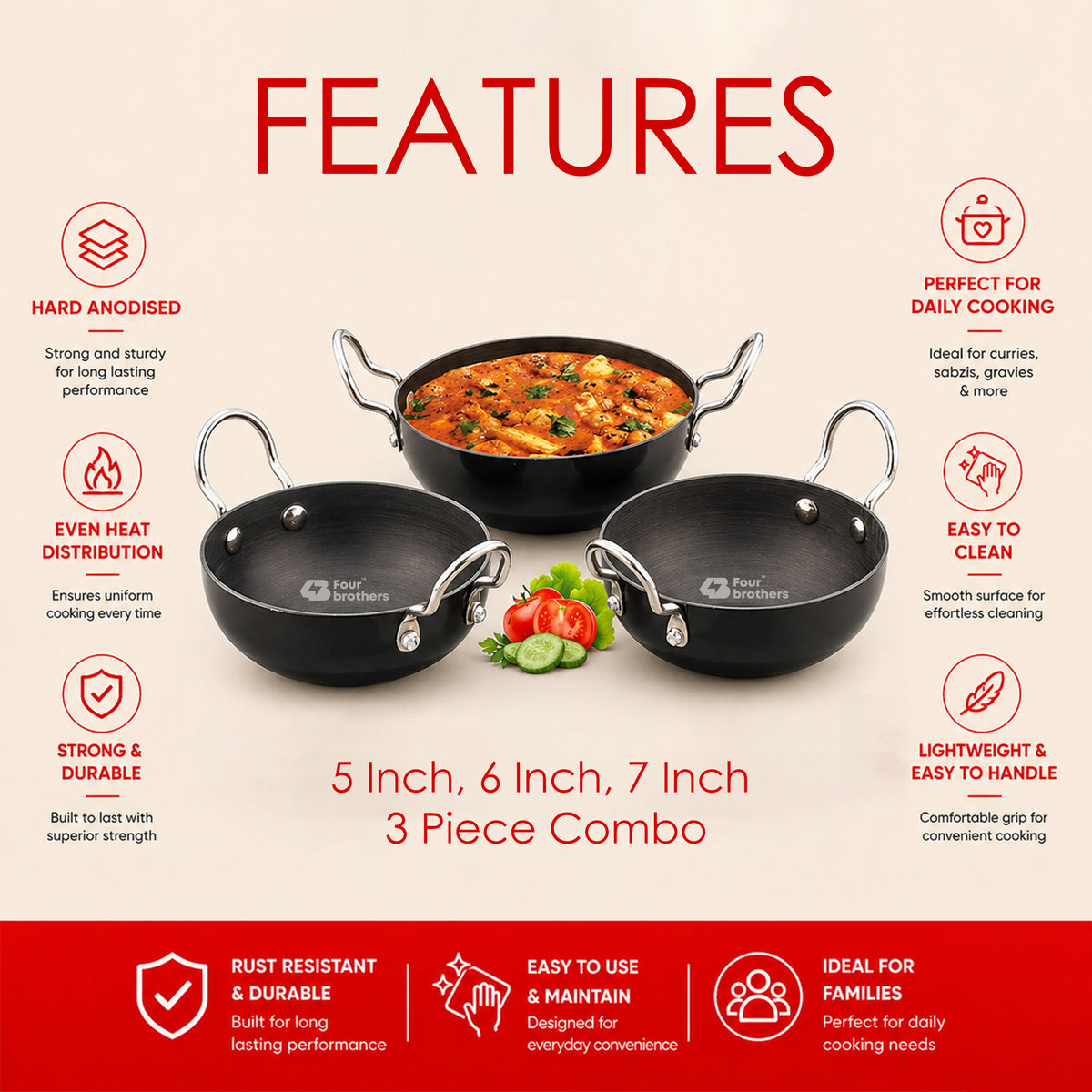 Hard Anodised Black Kadai 3Pcs Set