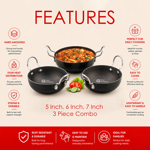 Hard Anodised Black Kadai 3Pcs Set | Four Brothers