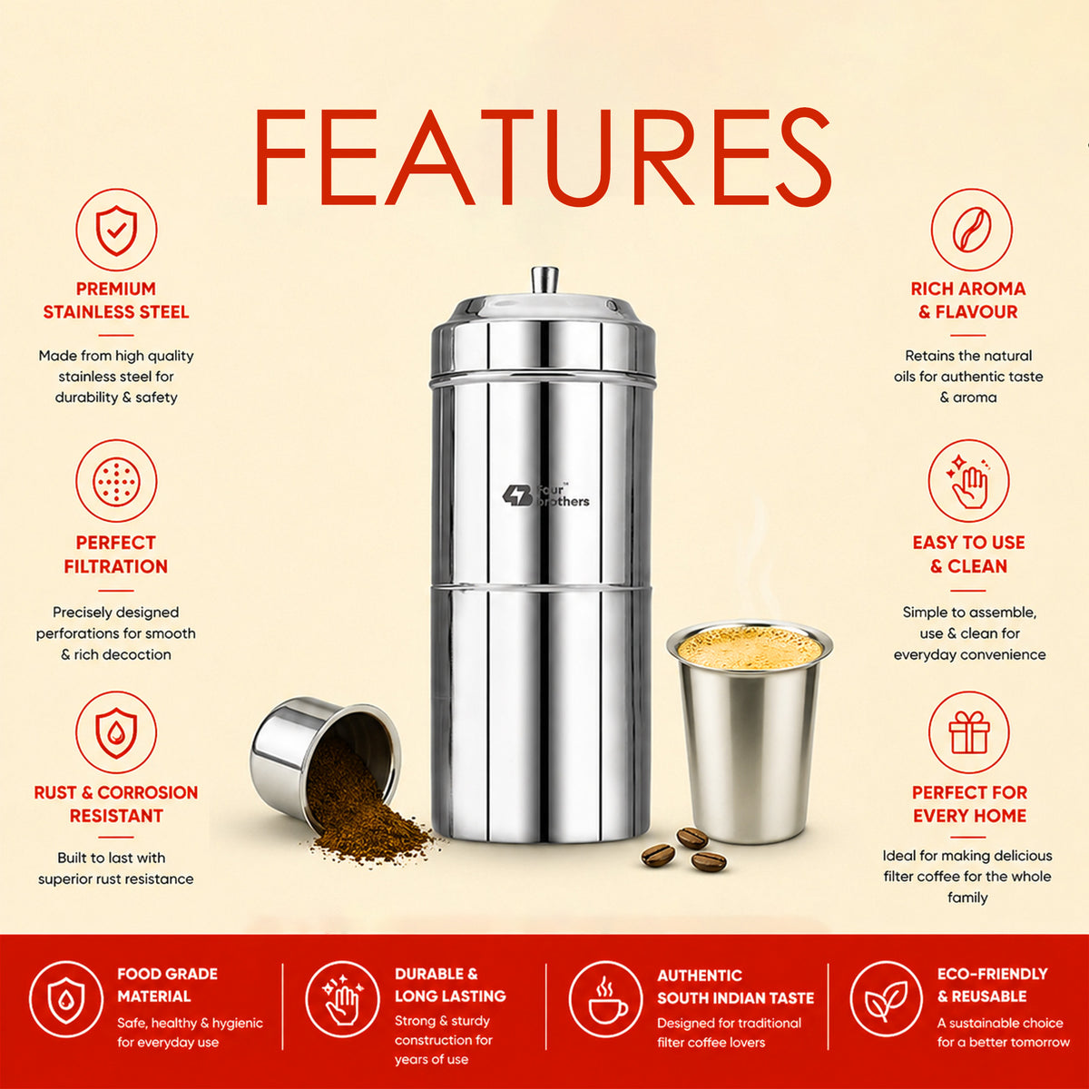 Stainless Steel Coffee Filter, South Indian Style | Four Brothers