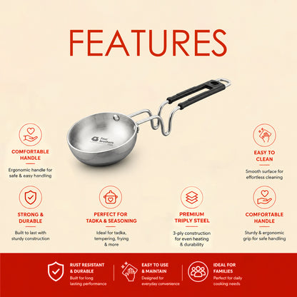 Triply Stainless Steel Tadka Pan – With Stay-Cool Handle | Fast, Even Tempering for Indian Cooking