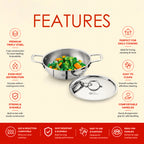 Stainless steel pot with lid and vegetables on a beige background with feature text. Four Brothers Triply Stainless Steel Tasla with Lid