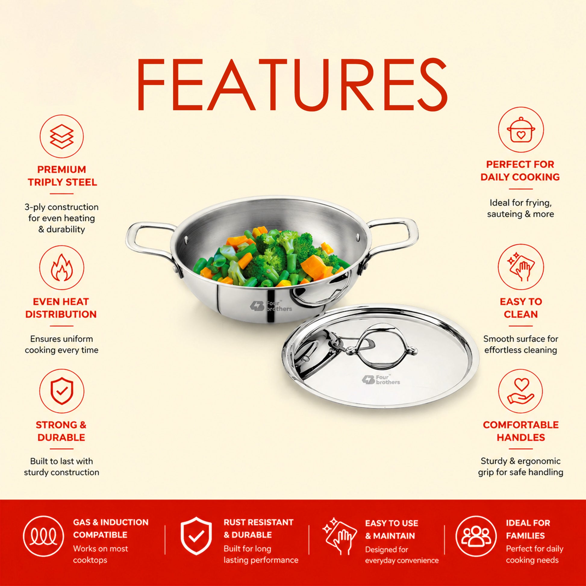Stainless steel pot with lid and vegetables on a beige background with feature text. Four Brothers Triply Stainless Steel Tasla with Lid