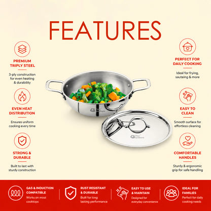 Stainless steel pot with lid and vegetables on a beige background with feature text. Four Brothers Triply Stainless Steel Tasla with Lid