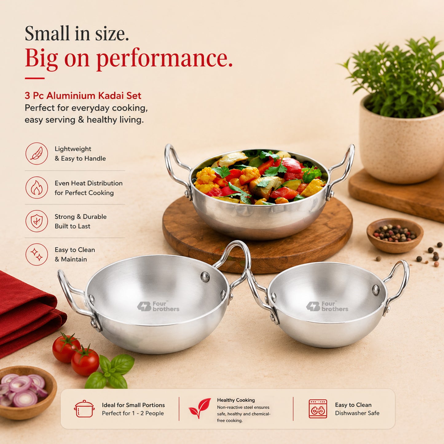 Aluminium Round Bottom Kadai for Kitchen - 3Pcs Set