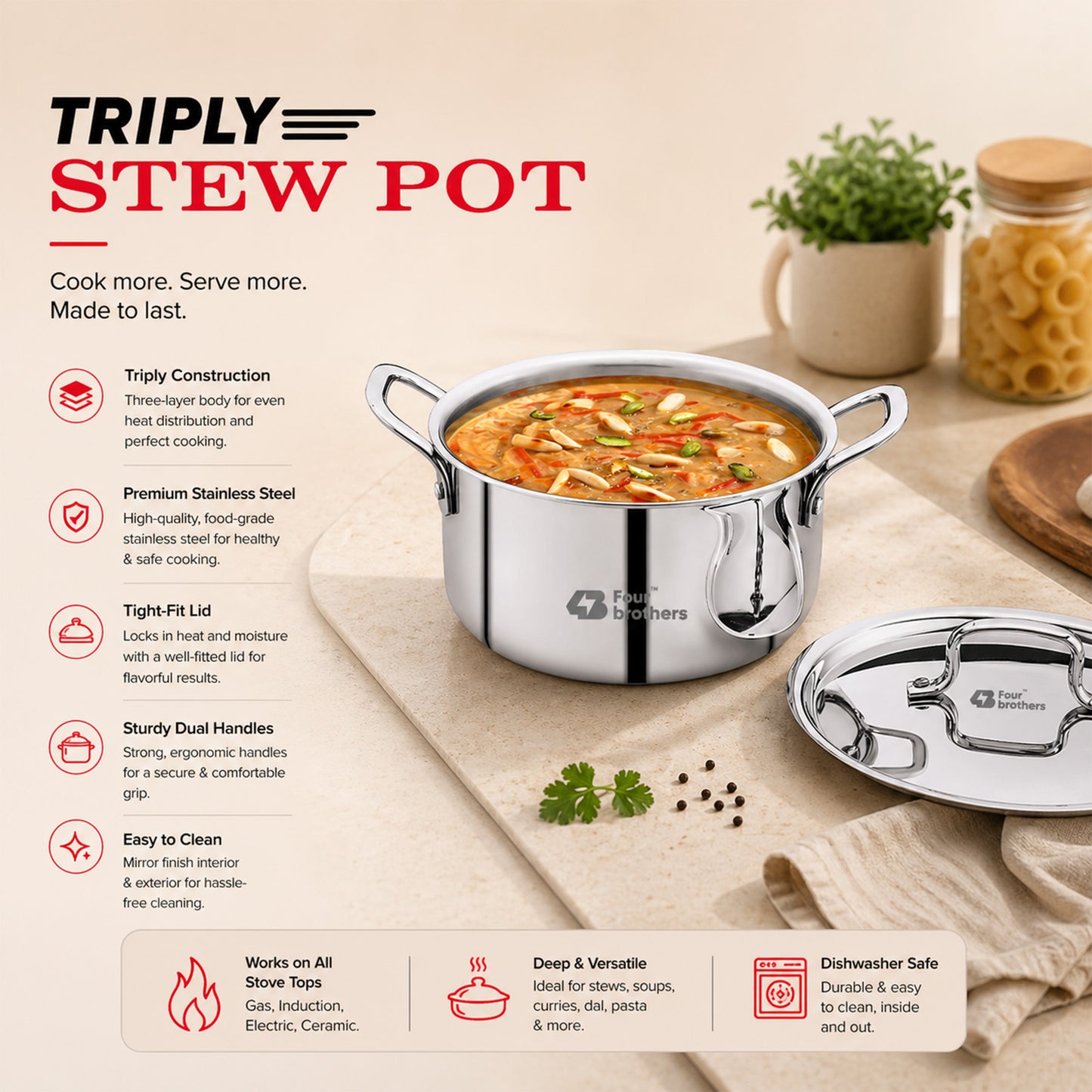 Tri‑Ply Stew Pot with Lid Cover Stainless Steel