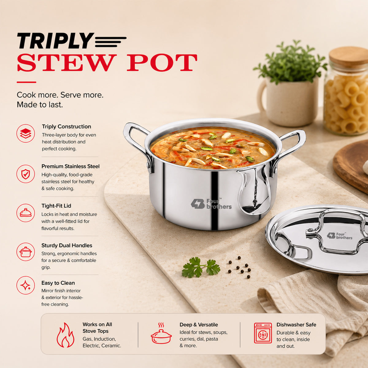 Fourbrothers Stainless steel stew pot with food on a wooden surface, surrounded by kitchen items.