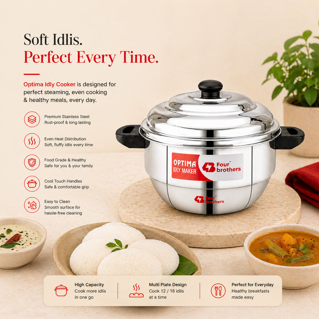 Four Brothers Optima Stainless Steel Idly Maker/Cooker | Induction & Gas Compatible