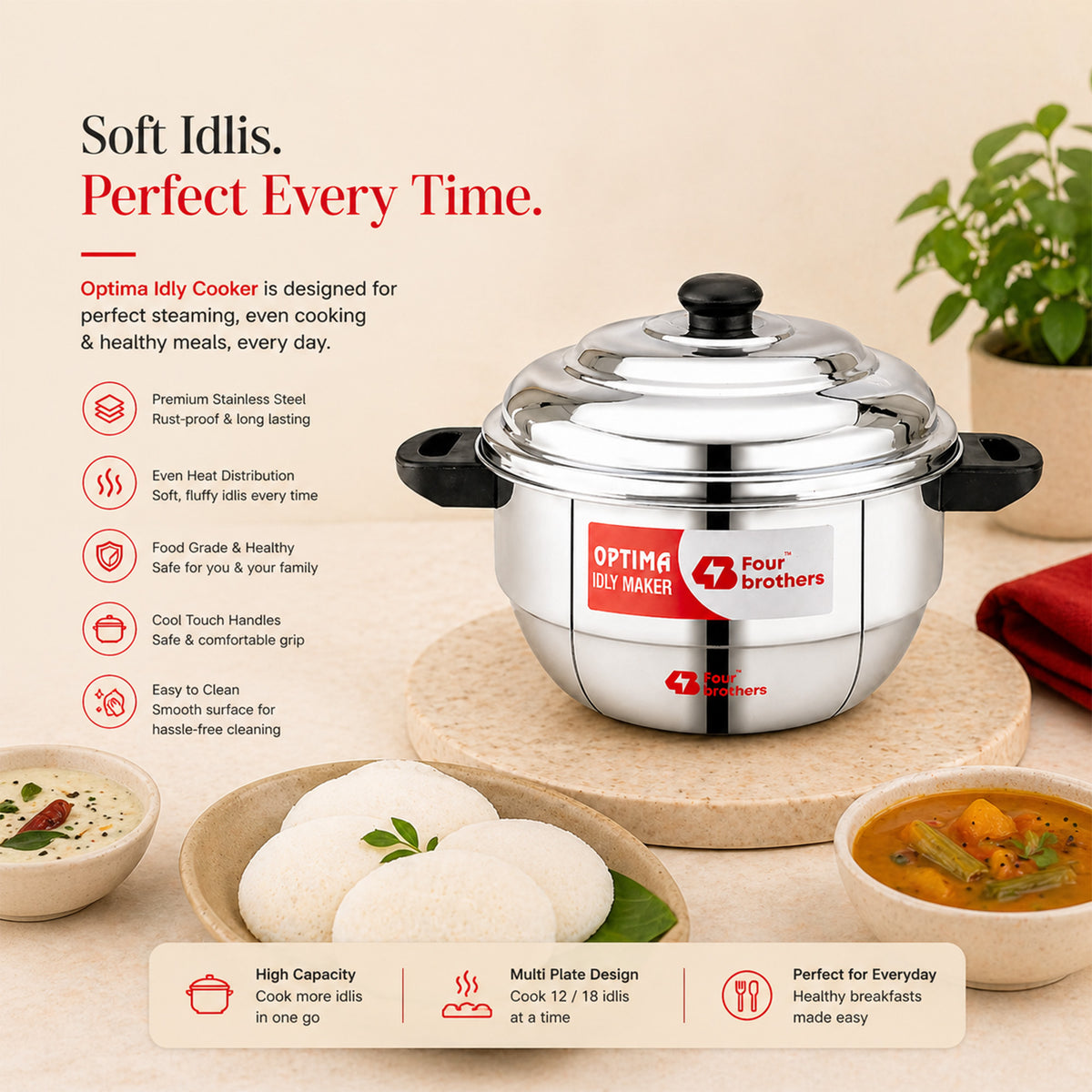 Four Brothers Optima Stainless Steel Idly Maker/Cooker | Induction & Gas Compatible