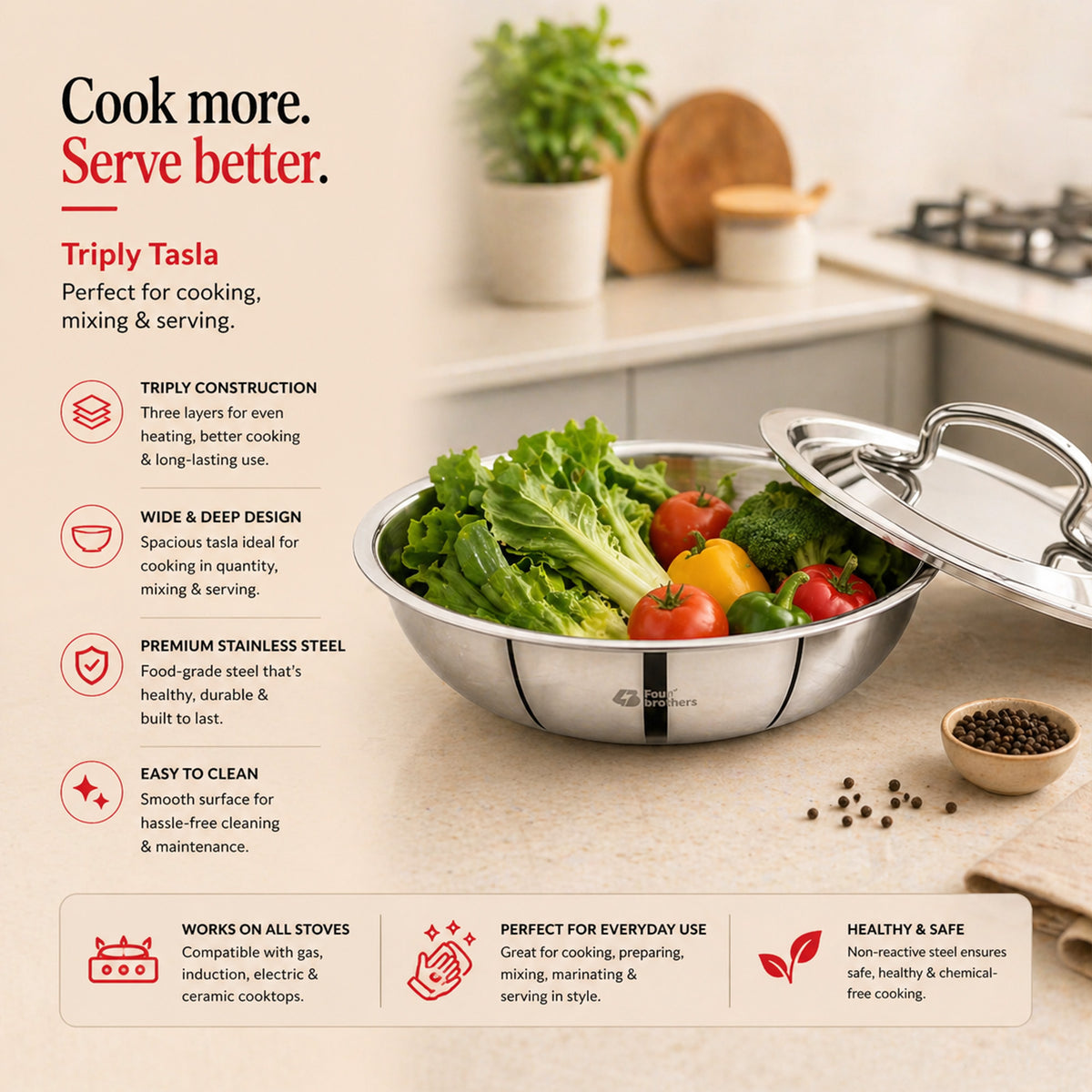 Four Brothers Triply Stainless Steel Tasla with Lid for Family Cooking