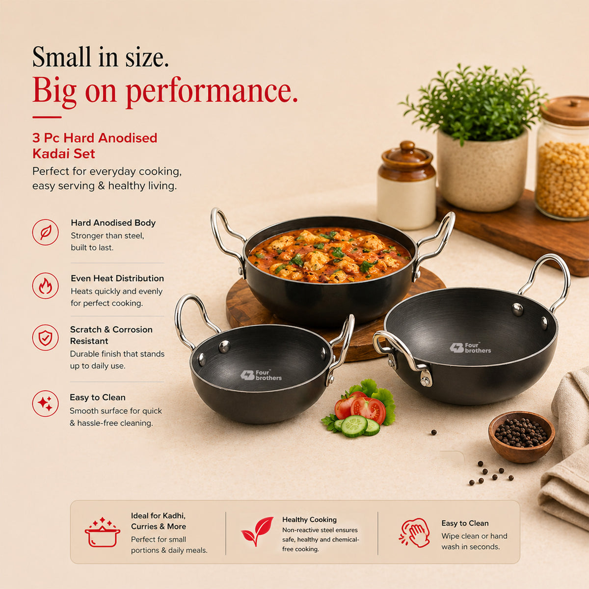 Hard Anodised Black Kadai 3Pcs Set