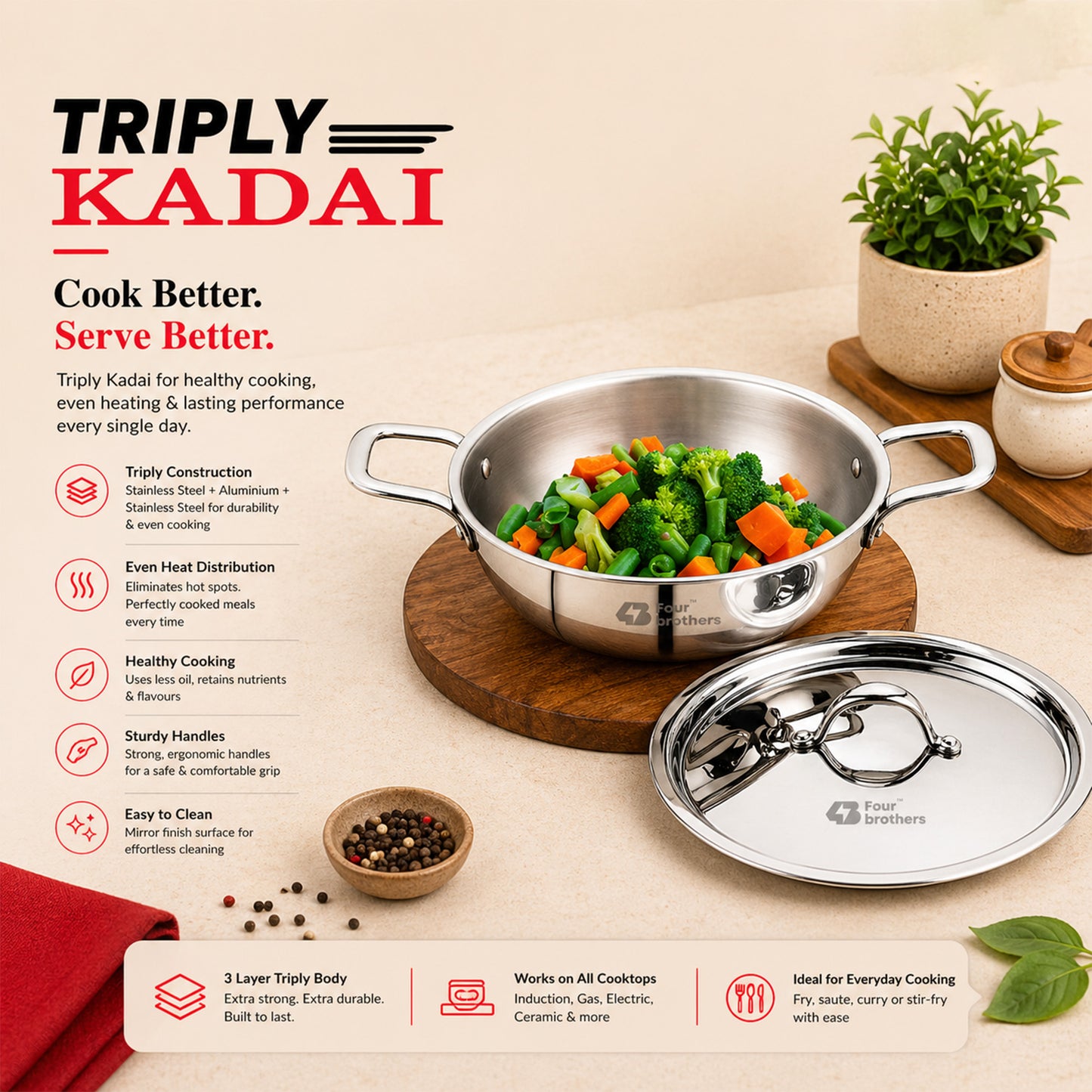 Stainless steel Triply Kadai with vegetables on a wooden board, surrounded by kitchen items. Four Brothers Triply Tasla for Cooking Curries, Gravies and Rice