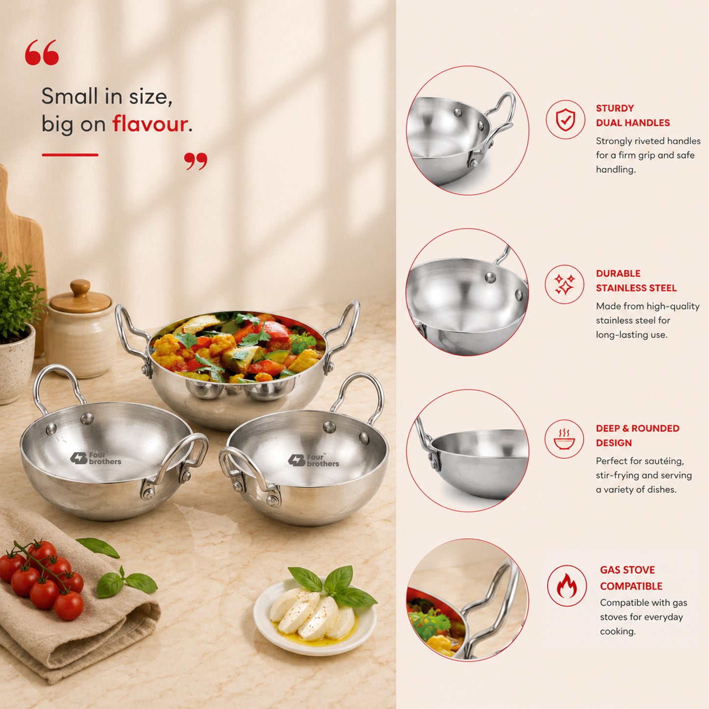 Aluminium Round Bottom Kadai for Kitchen - 3Pcs Set