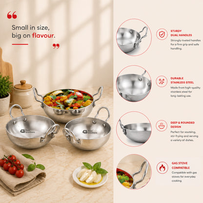 Aluminium Round Bottom Kadai for Kitchen - 3Pcs Set