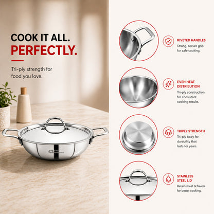 Stainless steel cookware set with features highlighted on a neutral background. Four Brothers Triply Stainless Steel Tasla with Lid