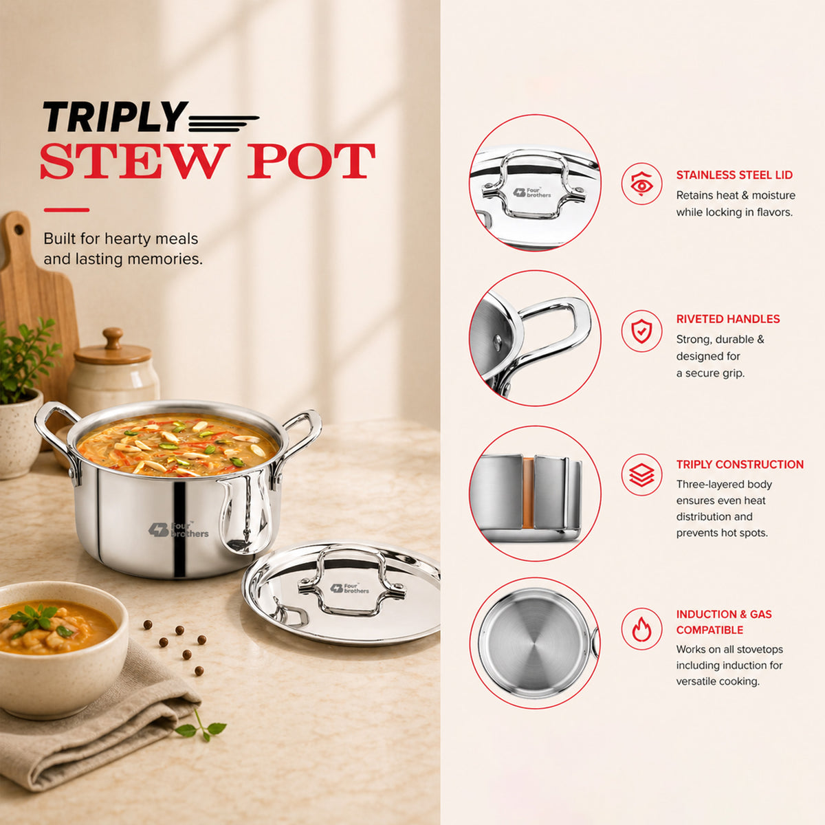 Fourbrothers Triply Stew Pot with features highlighted\