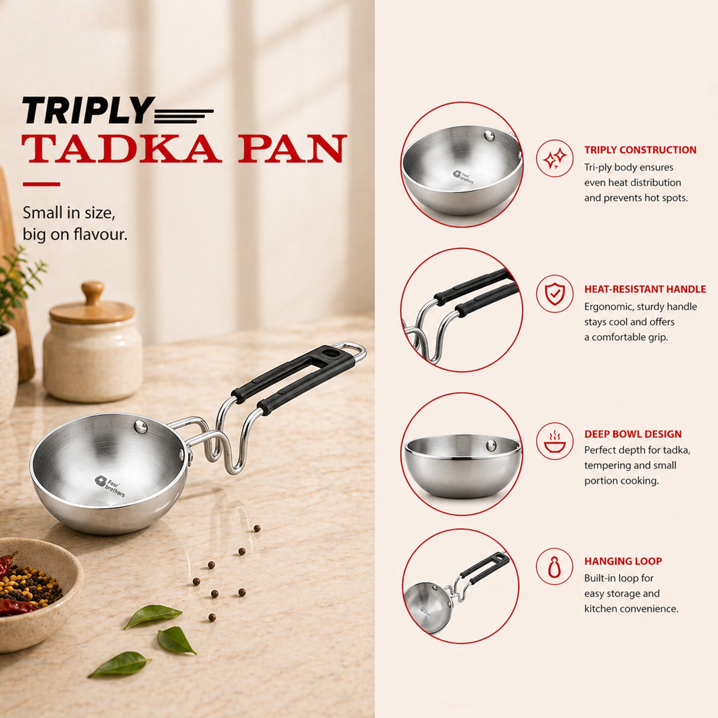 Triply Stainless Steel Tadka Pan – With Stay-Cool Handle | Fast, Even Tempering for Indian Cooking