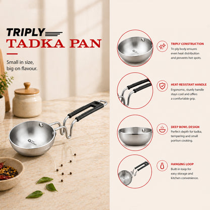 Triply Stainless Steel Tadka Pan – With Stay-Cool Handle | Fast, Even Tempering for Indian Cooking