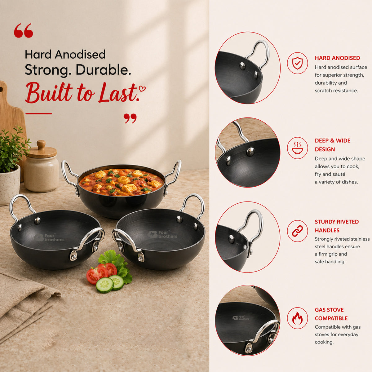 Hard Anodised Black Kadai 3Pcs Set