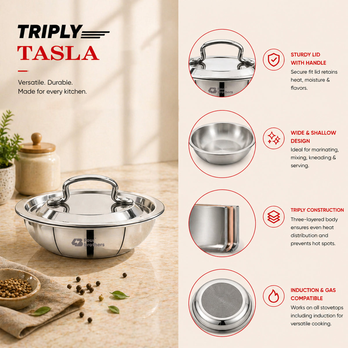 Four Brothers Triply Stainless Steel Tasla with Lid for Curries and Gravies