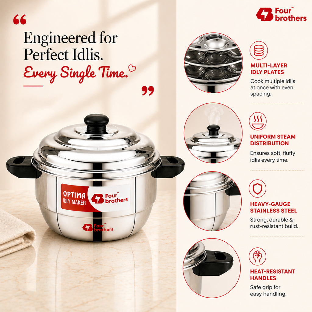 Four Brothers Optima Stainless Steel Idly Maker/Cooker | Induction & Gas Compatible