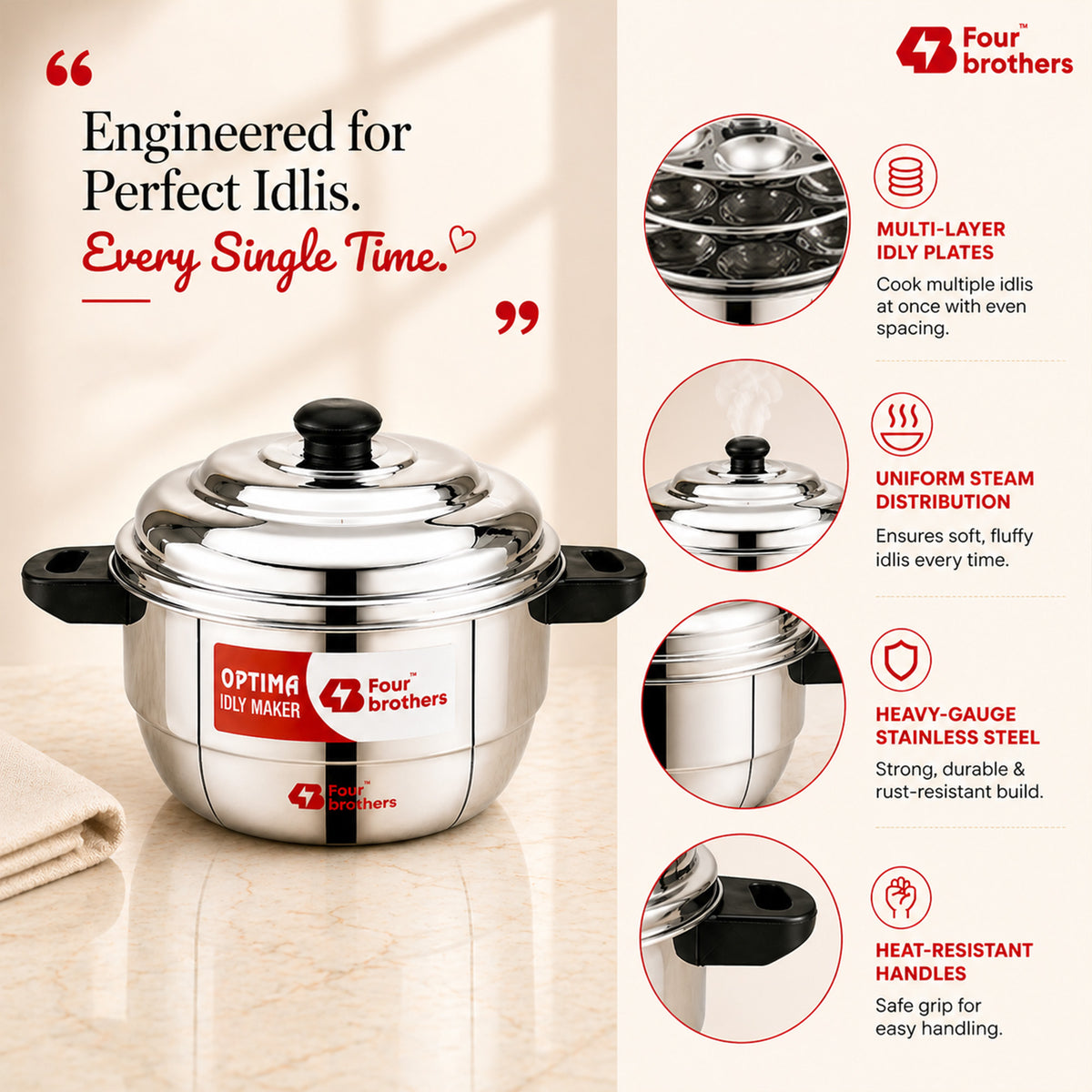 Four Brothers Optima Stainless Steel Idly Maker/Cooker | Induction & Gas Compatible