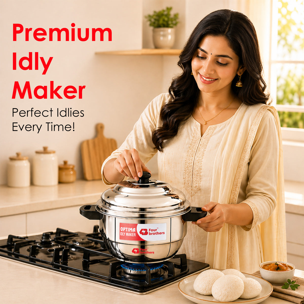 Four Brothers Optima Stainless Steel Idly Maker/Cooker | Induction & Gas Compatible