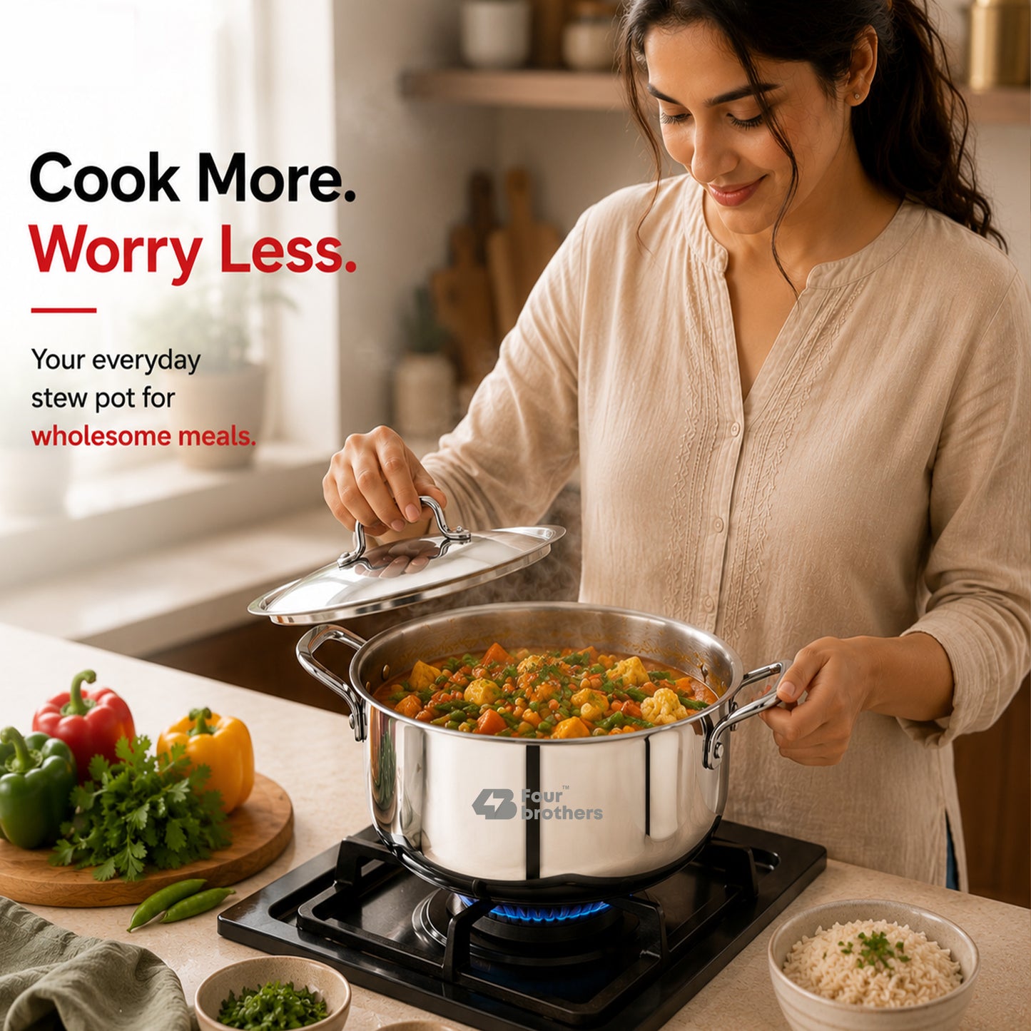 Tri‑Ply Stew Pot with Lid Cover Stainless Steel