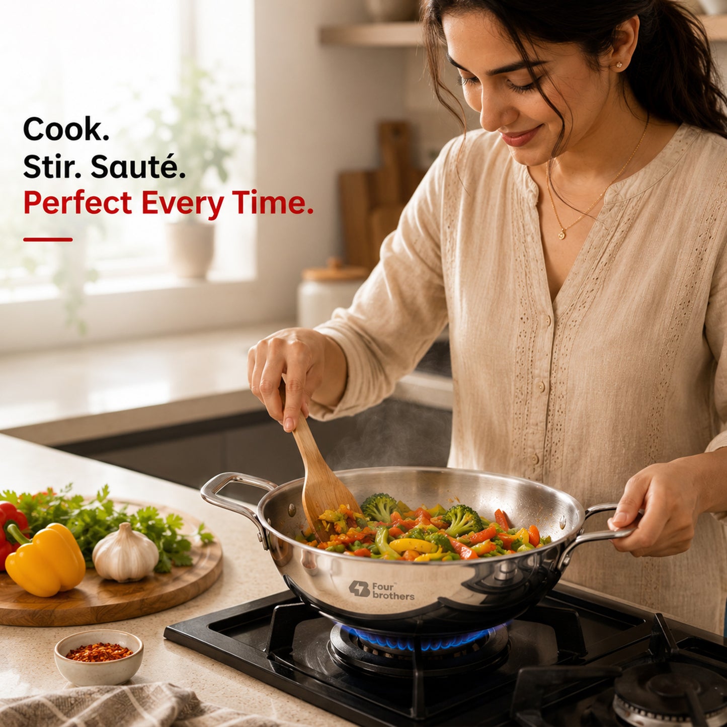 Four Brothers Triply Stainless Steel Tasla with Lid for Family Meals