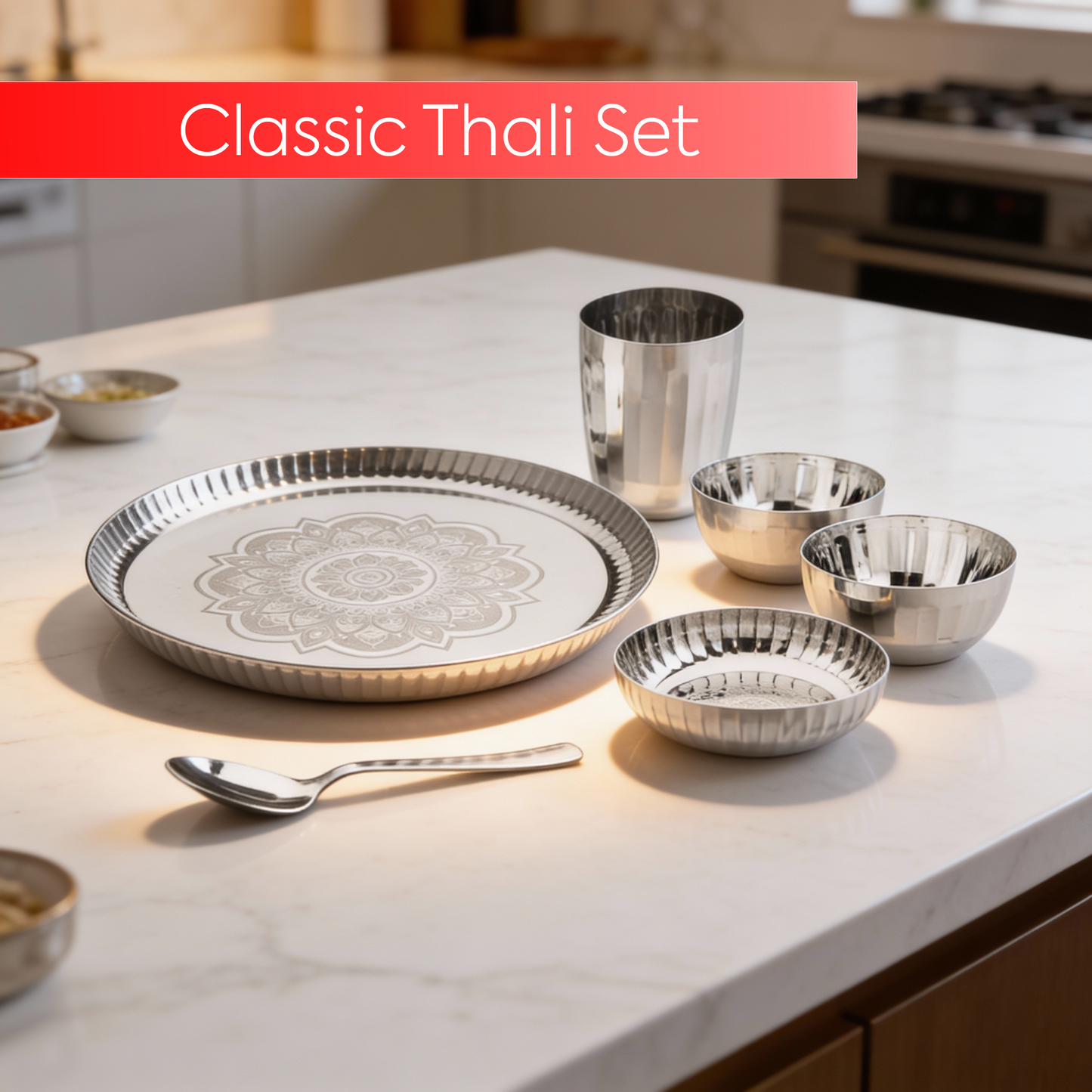 Classic Stainless Steel Thali Set – Laser Print Finish
