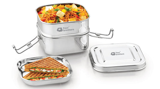 Square Lunch Box – Double Decker (100% Stainless Steel)