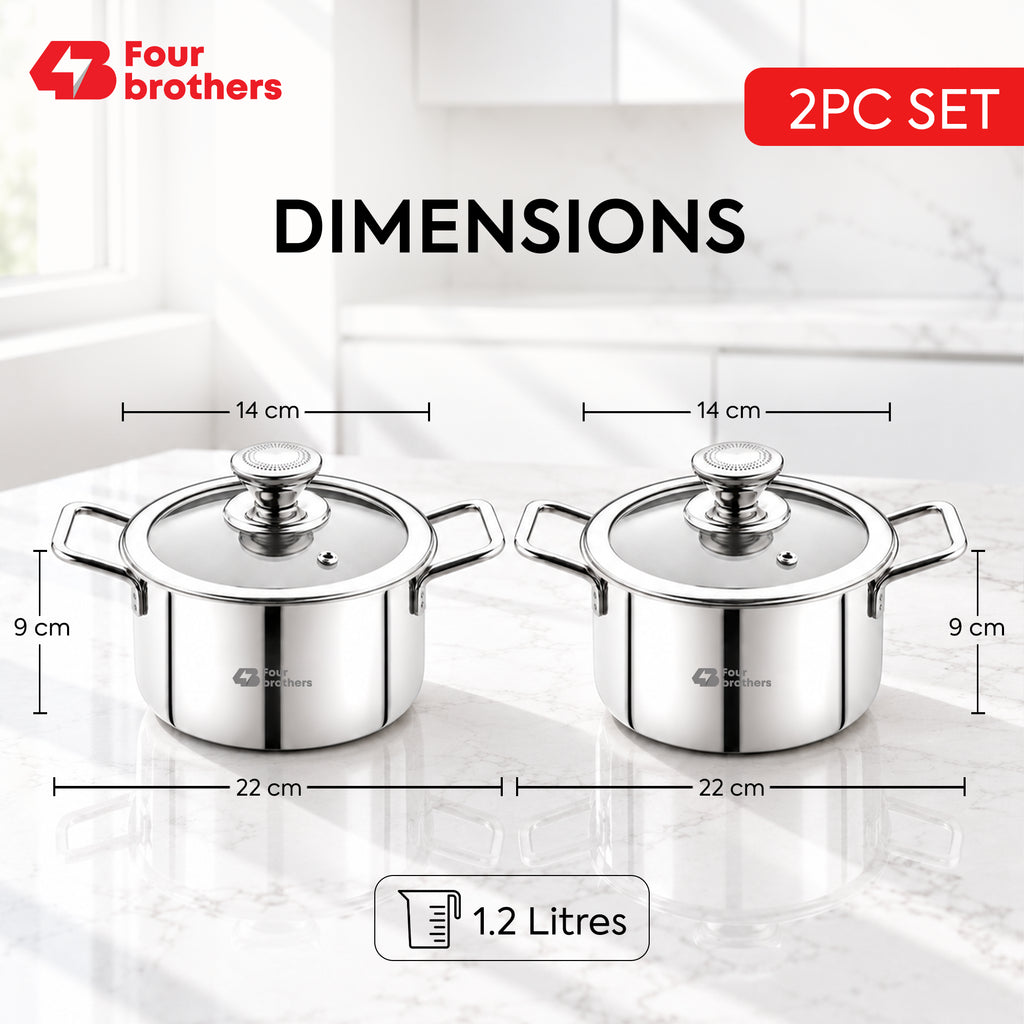 Stainless Steel Kadai with Glass Lid, 2 Pc Set (1.2Litres)