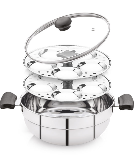 Smart Multi Kadai | Idly Pot with Glass Lid - Stainless Steel