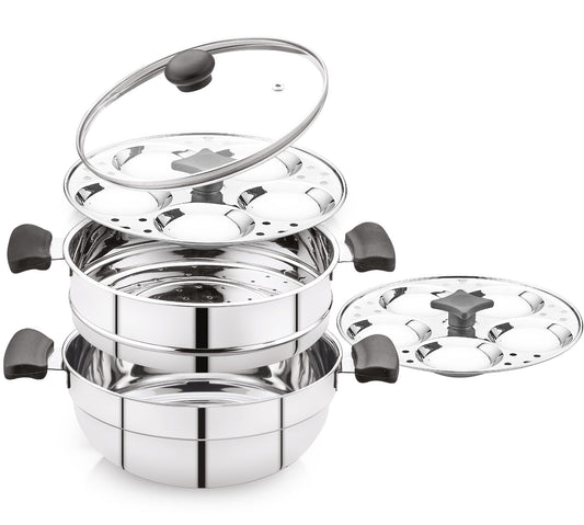 Trio Multi Kadai, Idly Pot and Steamer 3 in 1 - Stainless Steel with Glass Lid