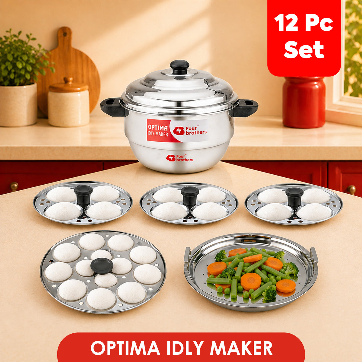 Four Brothers Optima Stainless Steel Idly Maker/Cooker | Induction & Gas Compatible