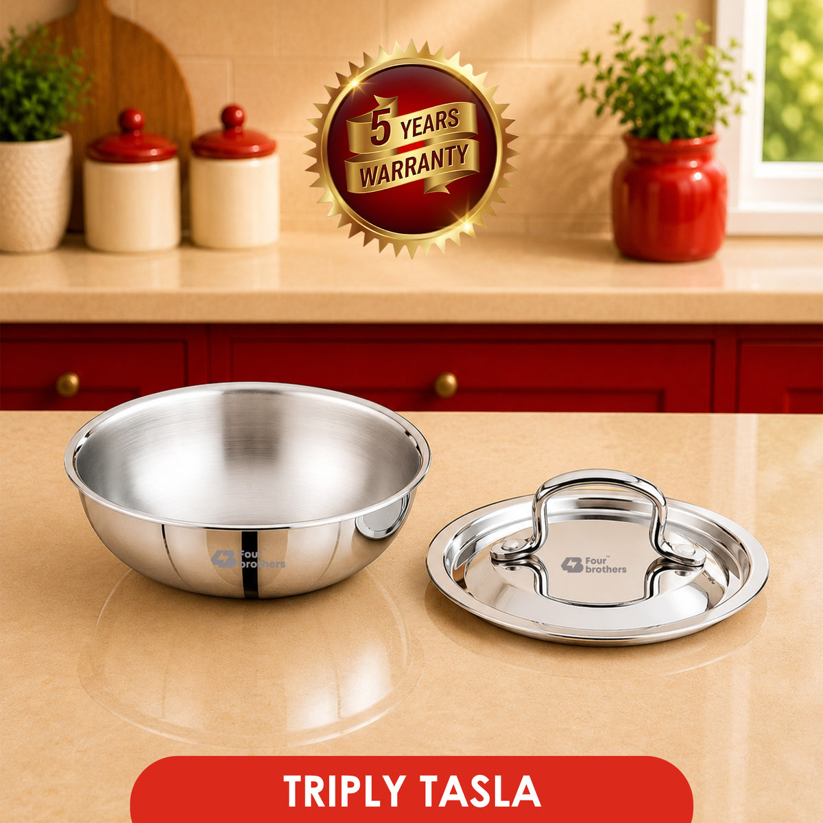 Four Brothers Triply Stainless Steel Tasla with Lid – Flat Bottom