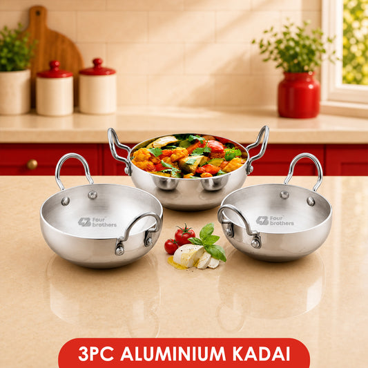 Aluminium Round Bottom Kadai for Kitchen - 3Pcs Set